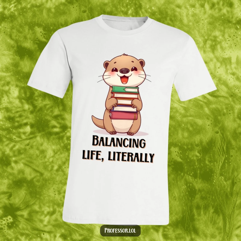 Funny T-Shirt of a delighted otter precariously balancing a stack of books on its nose, embodying bookish fun and skill.