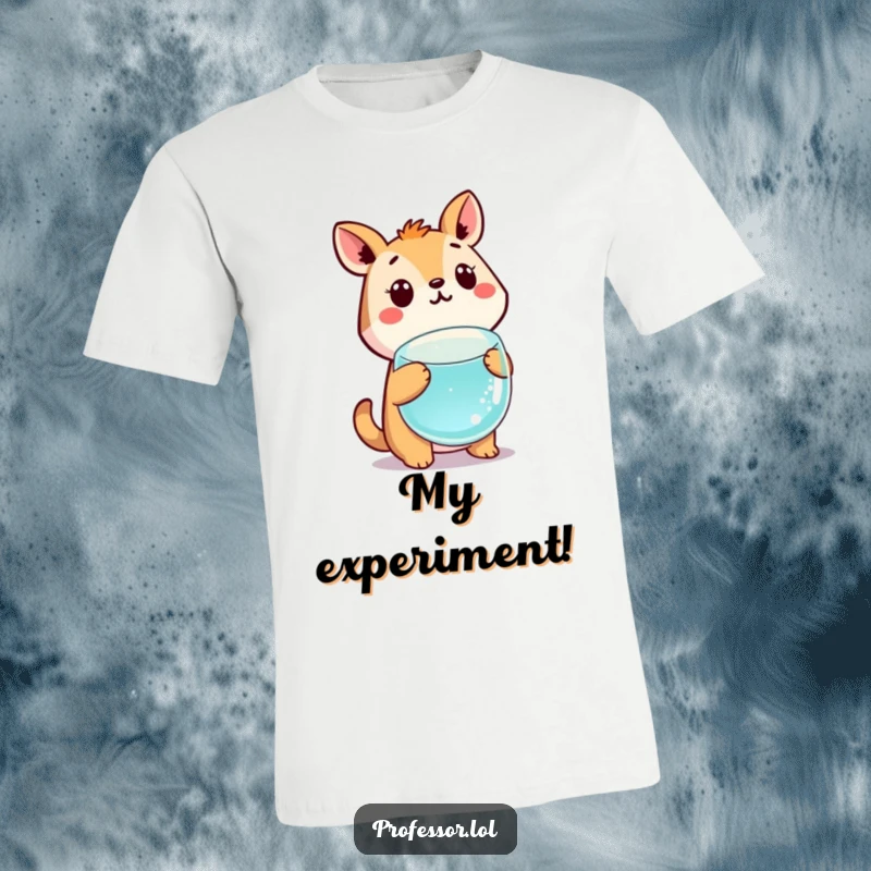 Funny cute animal character looking shocked at a levitating science beaker, perfect for science lovers.