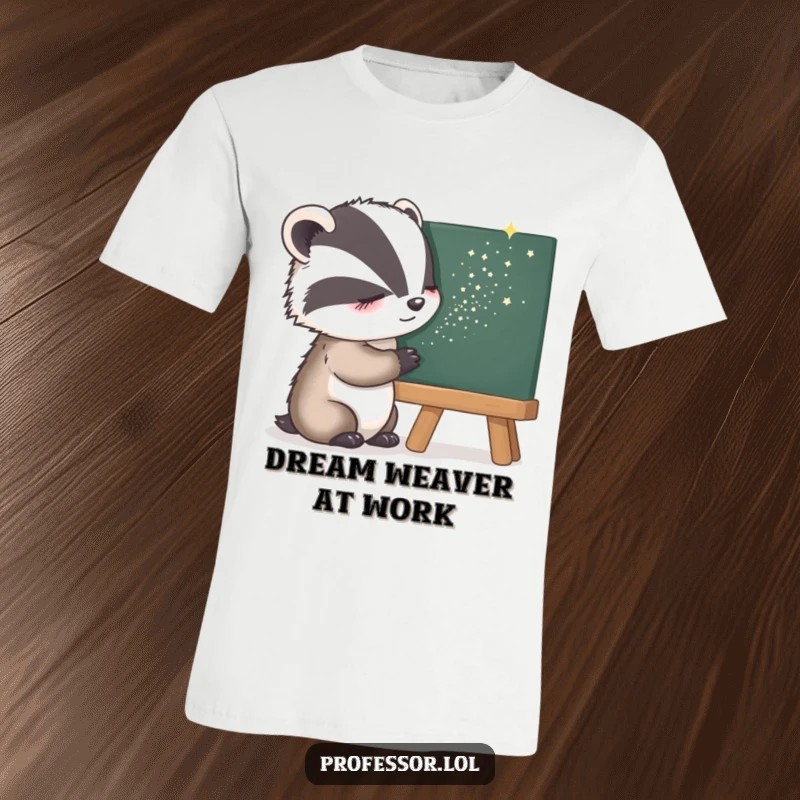Funny T-Shirt with a sleepy badger artfully sprinkling stardust onto a blackboard, inspiring dreams and laughter.