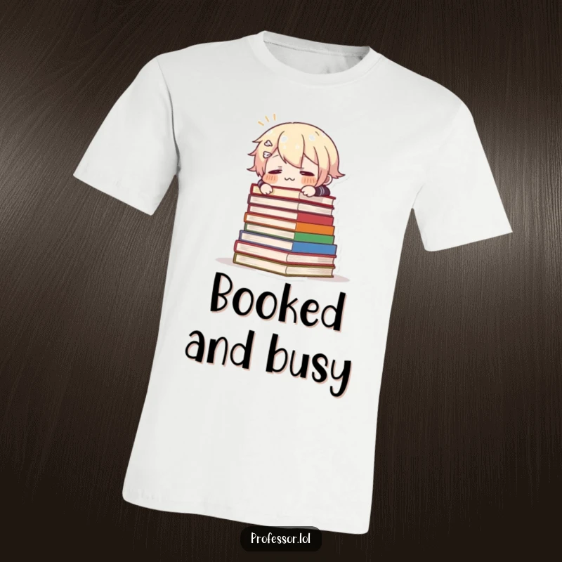 Funny t-shirt with a character comically tripping over a huge stack of books, expressing utter surprise and comedic misfortune.