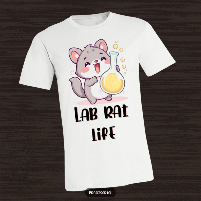 Funny cute animal character excitedly holding a bubbling beaker that overflows, symbolizing scientific fun. A hilarious t-shirt for lab lovers.