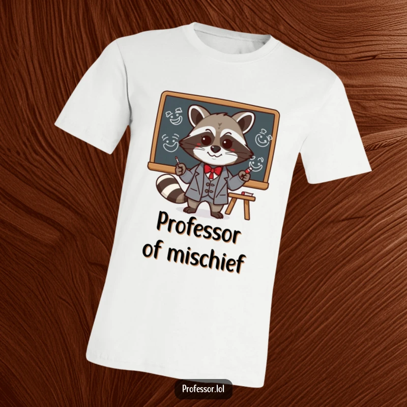 Funny Kawaii raccoon professor drawing funny faces on a blackboard, printed on a comfortable t-shirt, celebrating playful academics.