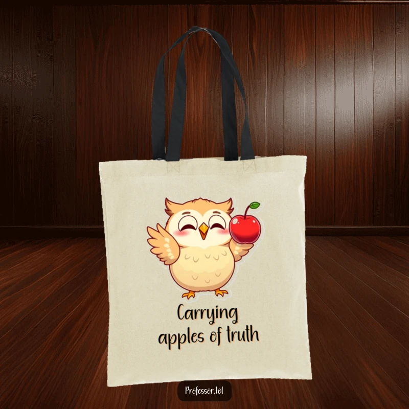 Funny tote bag with an excited owl demonstrating physics with a falling apple, ideal for stylish and humorous everyday use.