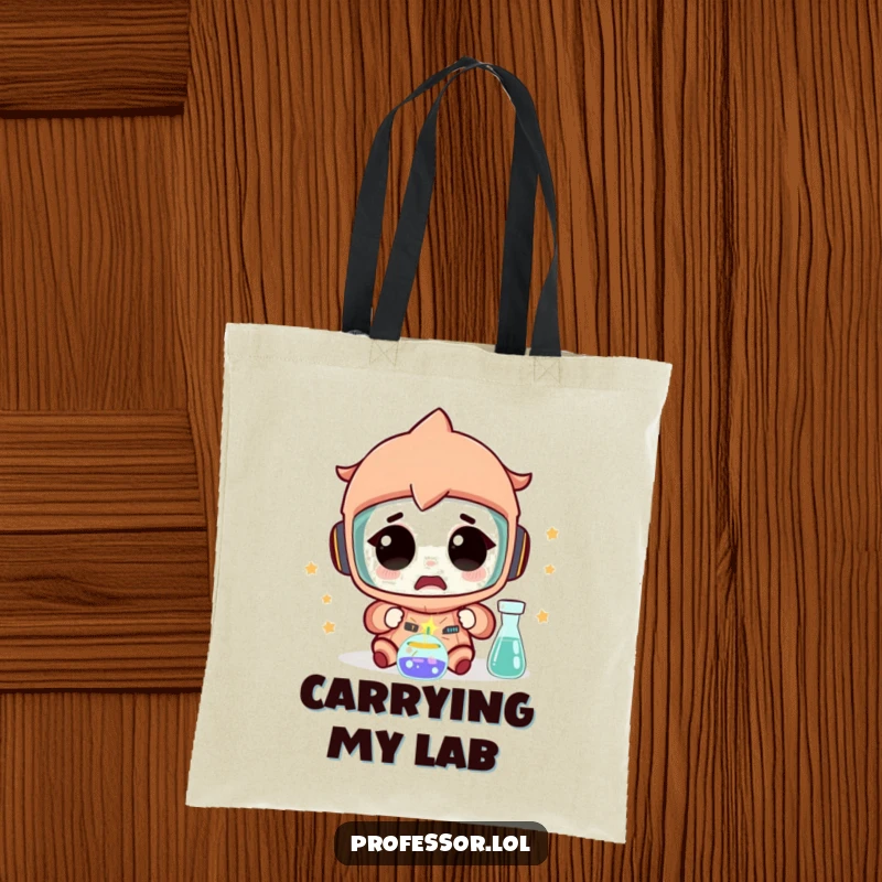 Funny Science Tote Bag: A character looks amazed as a tiny spark flies from an experiment, perfect for carrying supplies.