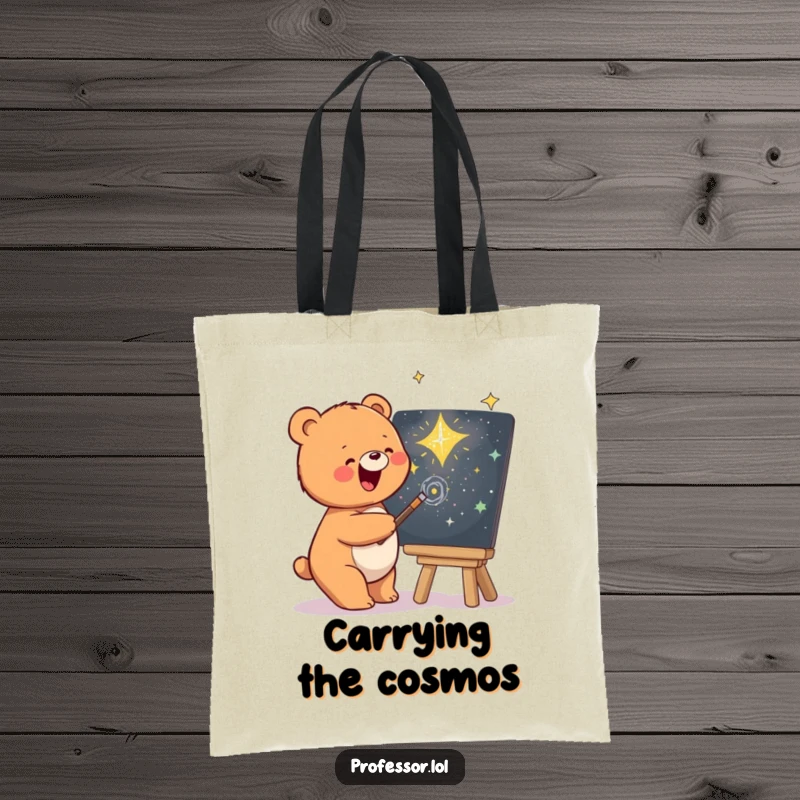 Funny tote bag showcasing a cheerful bear sketching a vast galaxy on a chalkboard, a portable piece of art.