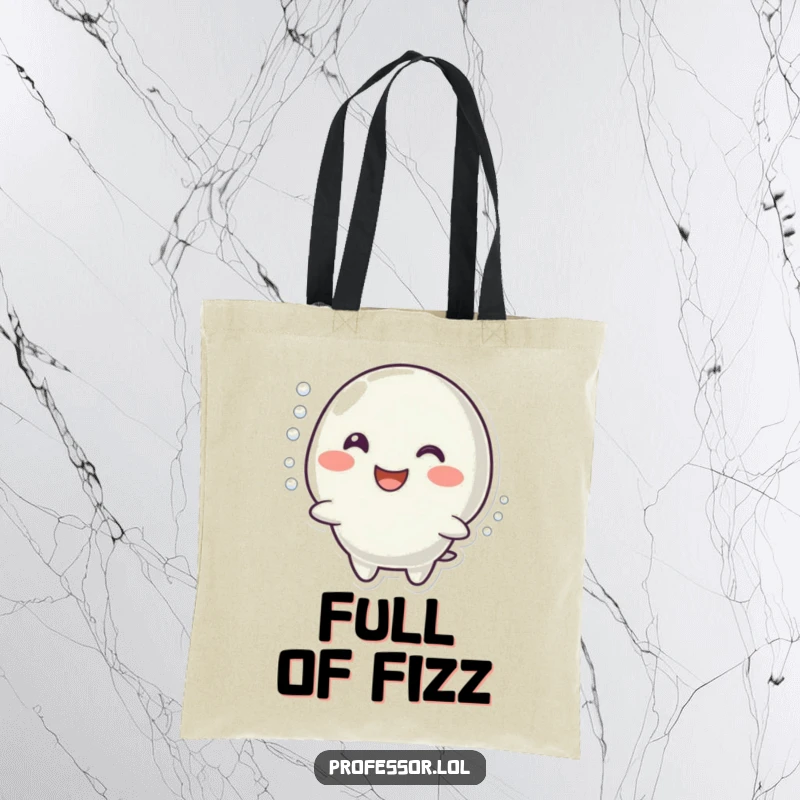 Funny tote bag featuring a character with a happy smile imitating a bubbling reaction, ideal for carrying items with a dose of cheer.