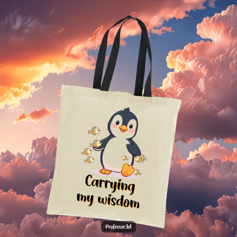 Funny tote bag with a playful penguin lecturing tiny fish, ideal for stylish and humorous everyday use.