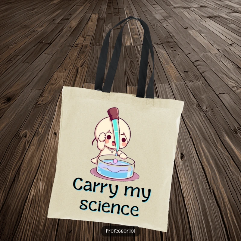 Funny tote bag depicting a character playfully using a pipette to add liquid to a petri dish, scientific exploration.