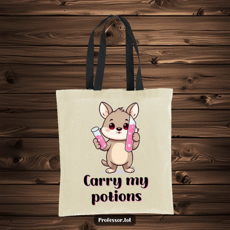 Funny tote bag with a cute animal character proudly holding a bubbling test tube, perfect for carrying science gear with humor.