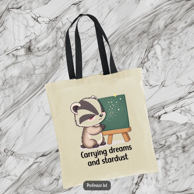 Funny Tote Bag with a sleepy badger artfully sprinkling stardust on a blackboard, ideal for carrying essentials with a magical touch.
