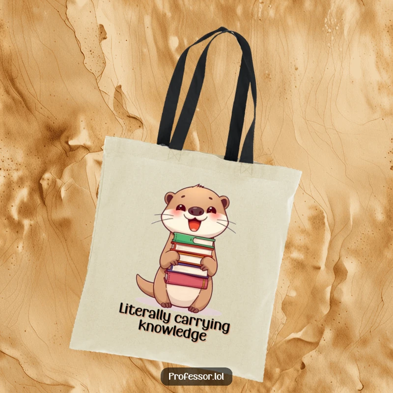 Funny Tote Bag featuring a delighted otter balancing a stack of books on its nose, ideal for carrying books with personality.