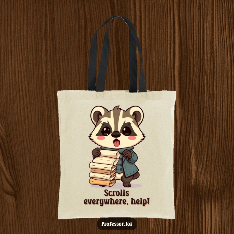 Funny Kawaii badger professor tote bag, surprised character dropping ancient scrolls, practical and humorous accessory for students.
